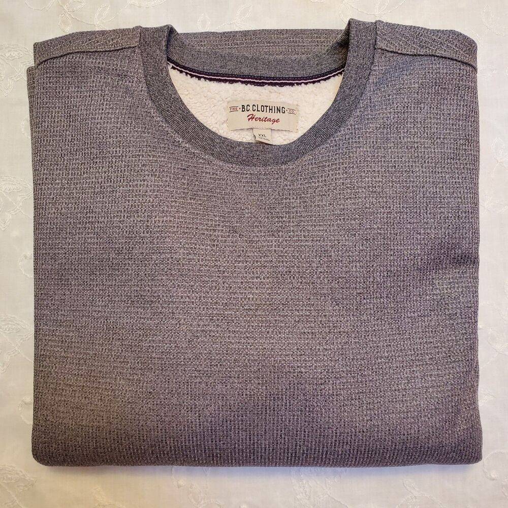 BC Clothing Heritage Mens Sweater Sweatshirt Waffle Knit Fleece Lined Grey XXL